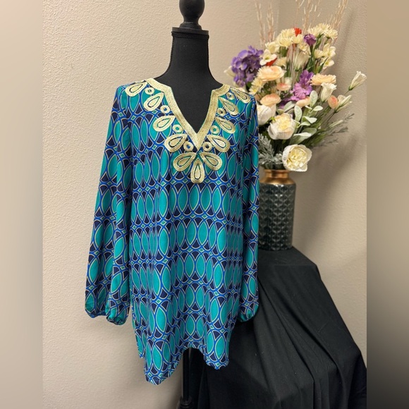 Mud Pie Blue Geometric Gold trimmed Tunic Top size Medium - Picture 1 of 8